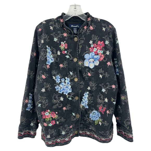 Denim & Co (M) VINTAGE 90s Womens Black Floral Embroidered Button Up Jean Jacket - Picture 1 of 9
